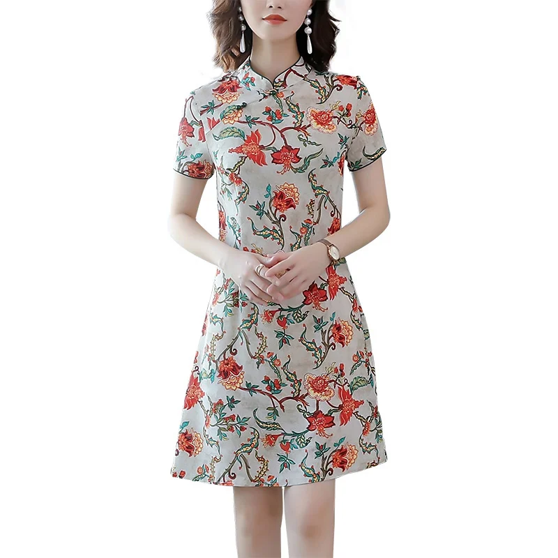

Retro Stand Collar Pearl Buckle Temperament Printed Waist Improved Cheongsam Sexy Dress Women's Clothing 2021 Summer New Vintage