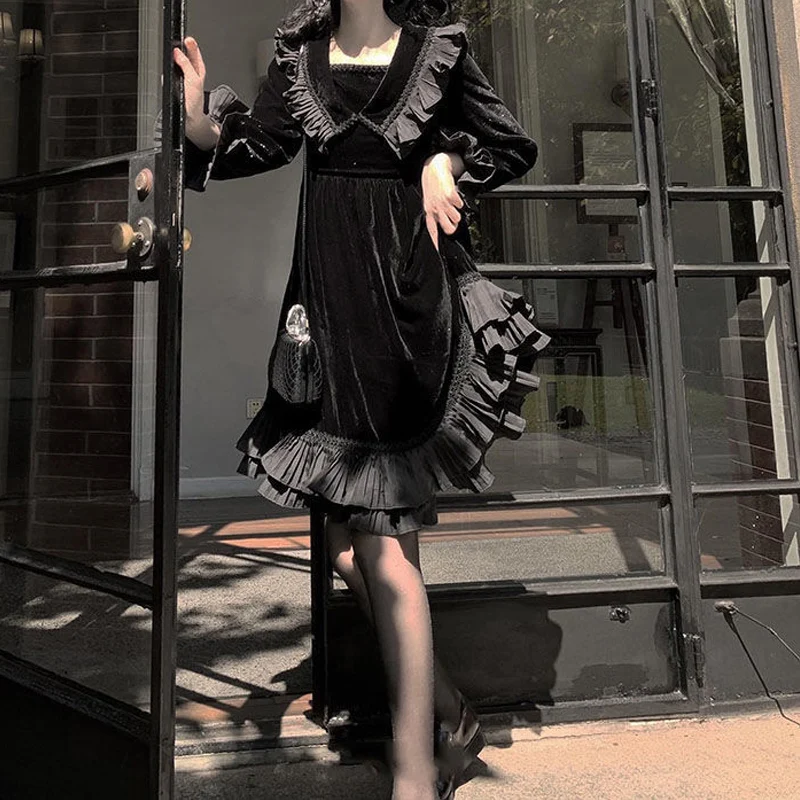 

Платье Лолита в японском готическом стиле, мягкое винтажное вечернее платье с оборками в викторианском стиле, с квадратным вырезом, в стиле ...