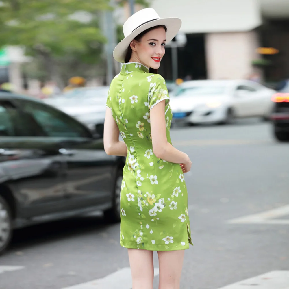 

Womens Summer New Floral Print Short Sexy Cheongsam Retro Chinese Style Stand Collar Buckle Elegant Slim Qipao Top