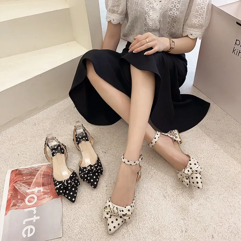 

All-Match Beige Heeled Sandals Comfort Shoes for Women 2021 Summer Buckle Strap Black New Low Girls Bow Block Fashion Clear