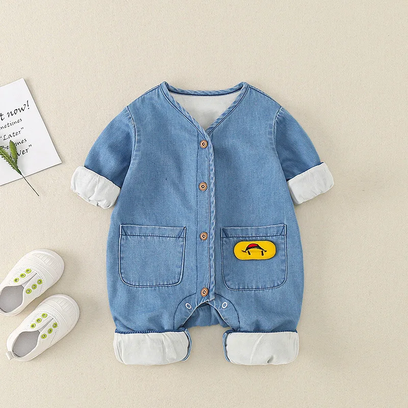 

2021 Baby Autumn and Winter Romper Boys and Girls Round Neck Long-sleeved Denim Jumpsuit Newborn Girl Clothes Baby Boy Romper