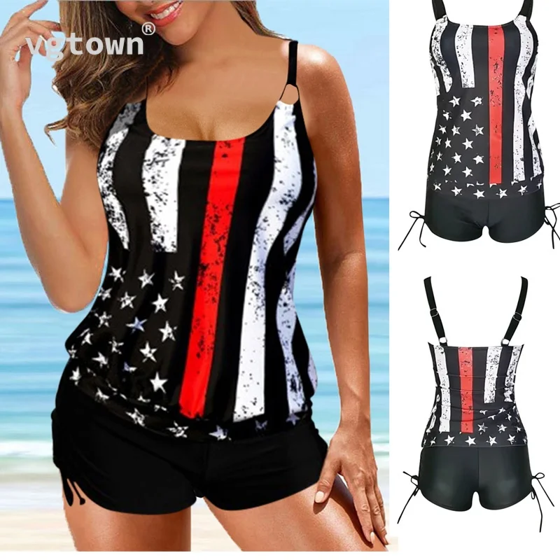 

Размера плюс сексуальный купальник, женский купальник с принтом американского флага, танкини, купальные костюмы, 2021, летний комплект с шорт...