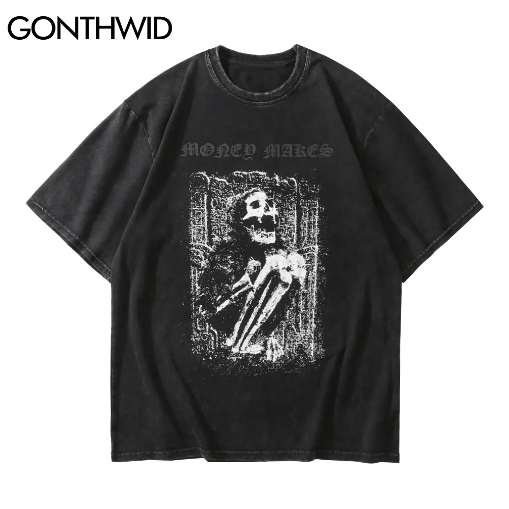 

GONTHWID Streetwear Distressed T-Shirts Hip Hop Skeleton Skull Short Sleeve Tshirts Punk Rock Gothic Tees Shirts Harajuku Tops