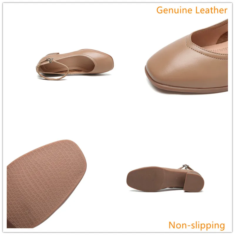 

Women's Pumps Genuine Leather Square Heel Natural British Style Mother Ladies Single Shoes Retro Casual Office & Career 1923