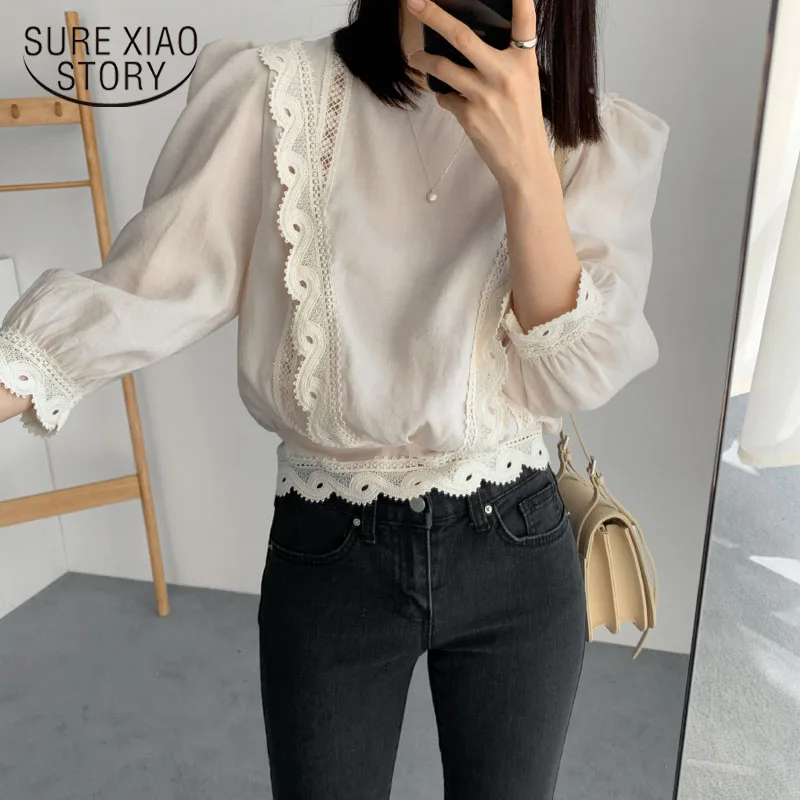 

2020 Spring Summer Fashion Short Sleeve Women Shirt Slim Fit Lace White Blouse Women Blouses and Tops Blusas Mujer De Moda 9600