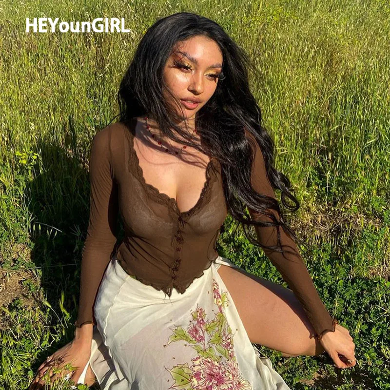 HEYounGIRL коричневый сетчатый прозрачный сексуальный кроп топ футболка Женская