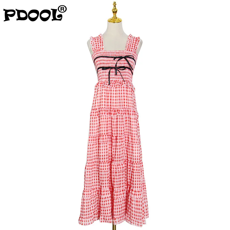 

Sling Patchwork Bow Plaid Dress For Women Square Collar Sleeveless High Waist Red Dresses Female Fashion New Clothing 2021