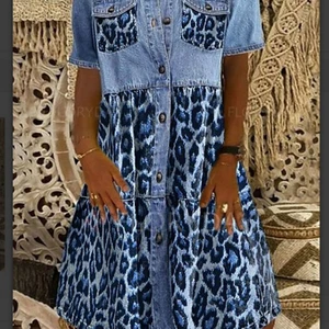 Short Sleeve Dress Women Casual 2021 New Female A-Line Pocket Short Dress Print Lapel Summer Blue Polyester Single-Breasted