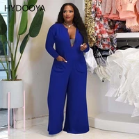 plus size jumpsuits casual women clothing sexy deep v neck long sleeve side pocket loose wide leg rompers dropshipping wholesale