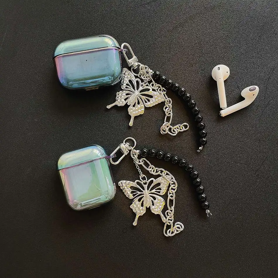 

Color Plating Gray Earphone Case For AirPods 2/1 airpod Earphone Cover For AirPods Pro 3 Headset Case with Butterfly Bead Chain