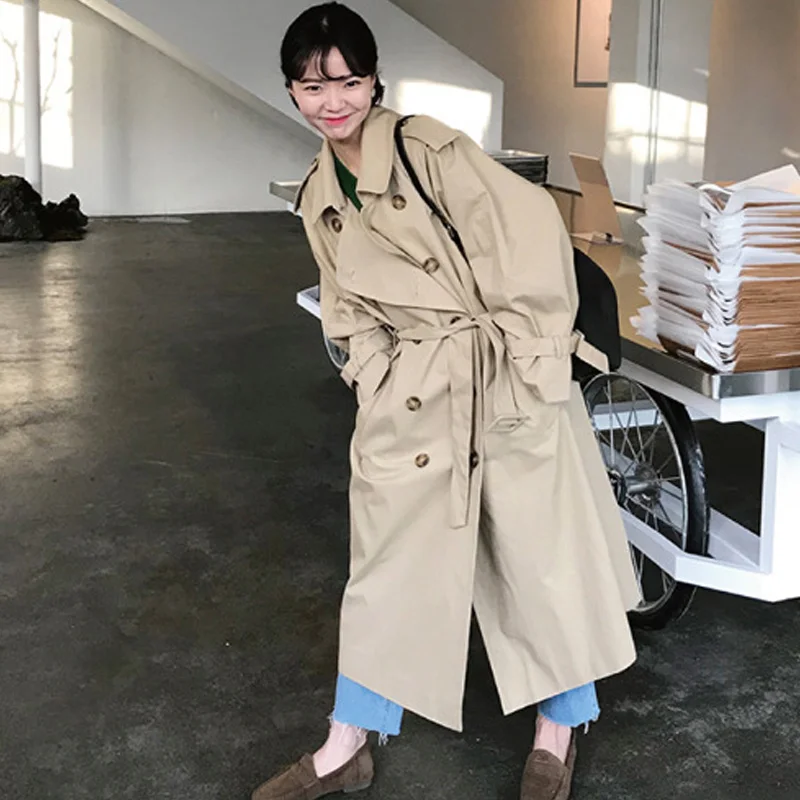 Женский Осенний двубортный длинный плащ с длинным рукавом Женская прямая