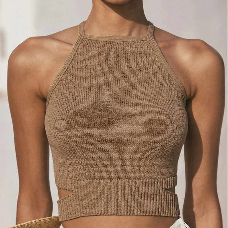 

Knitted Tank Top Y2k Crop Top Cut Out Tie Up Crossed Spaghetti Strap Backless Solid Color Elastic Sexy Vest Summer Cami