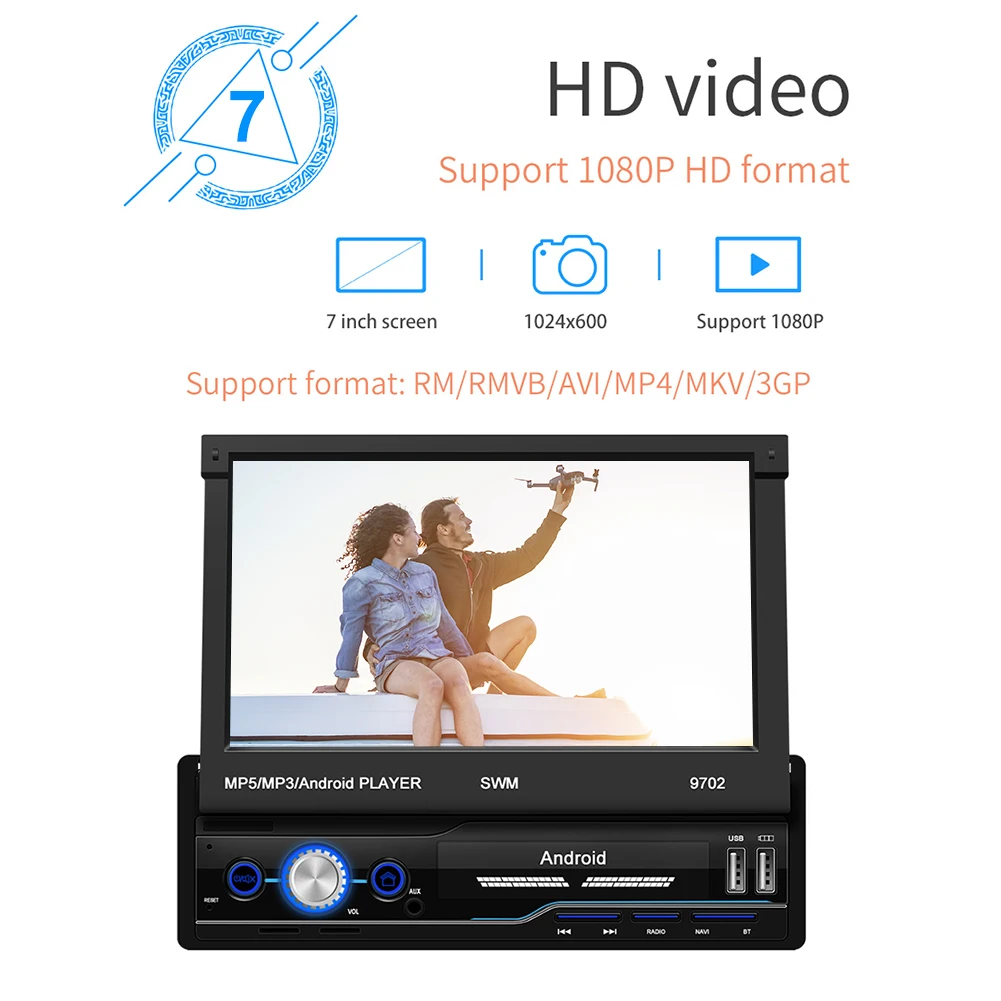 

1 Din 7 Inch Car Radio Retractable HD Touch Screen Bluetooth HD GPS Multimedia MP5 Player Android 8.1 1G+16G WiFi FM Radio