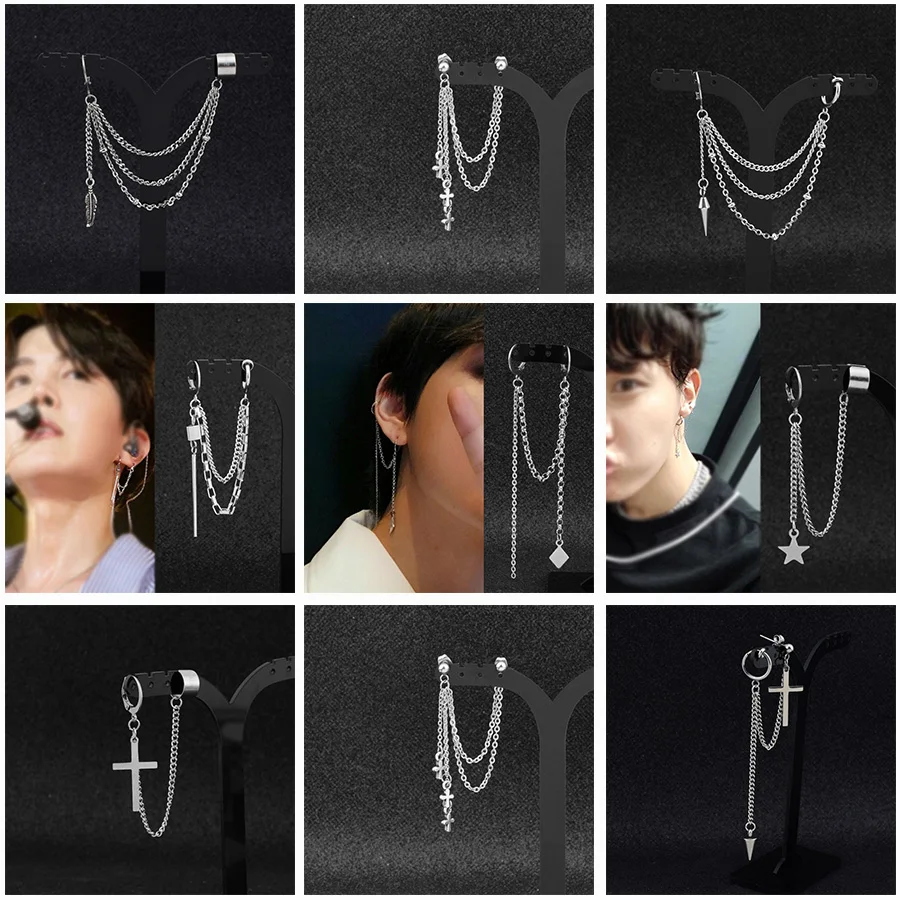 

New Men Punk Tassel Multi-layer Chain Drop Earrings Vintage Rock Leaf Cross Star Geometric Chic Metal Bar Pendant Party Earrings