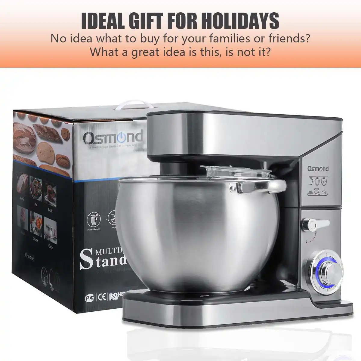 

4 in 1 Electric Food Mixers 1300W 6+P Speed Egg Flour Kneading Machine Baking Bread Dough Cake Maker & 5L Stainless Steel Bowl
