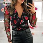 Сексуальная прозрачная сетчатая рубашка в стиле пэчворк, Женская приталенная блузка с вышивкой и V-образным вырезом, топы, Осенние прозрачные блузы с длинным рукавом, толстовка