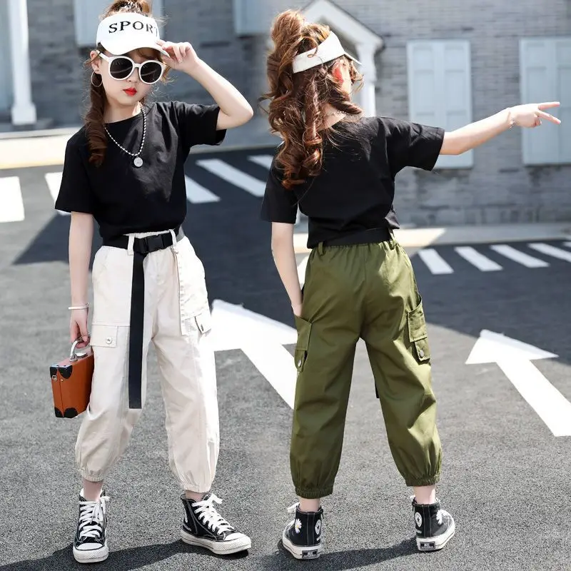 

Child's Trend Girls Pants Cotton Thin Spring Summer Cargo Pants Multi-pocket Sweatpants Harem Pants Elastic Waist Long Pants