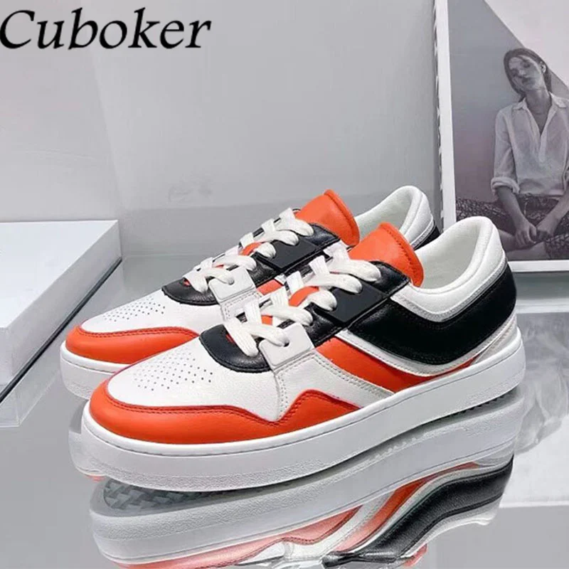 

Spring Flat Platform Shoes Women Sneakers Genuine Leather Lace Up Woman Flats Casual Patchwork Couple Shoes Black White Zapatos