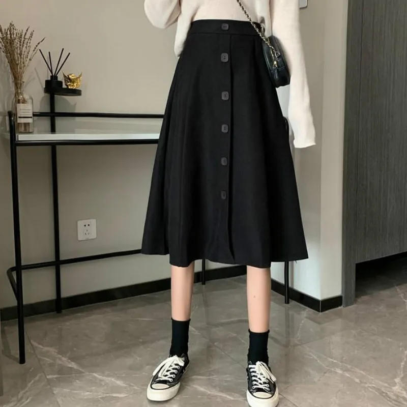 

Юбки для женщин в Корейском стиле, Однотонная юбка с высокой талией до середины икры с эластичной талией кнопки Тонкий Harajuku женский элегант...