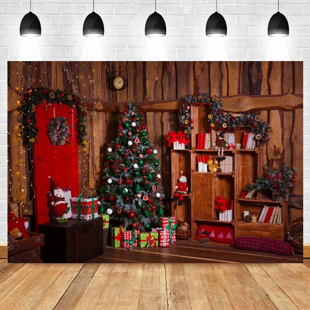

Christmas Backdrop Wood House Tree Door Bookshelf Baby Photographic Background Photography Photo Studio Photophone Photocall