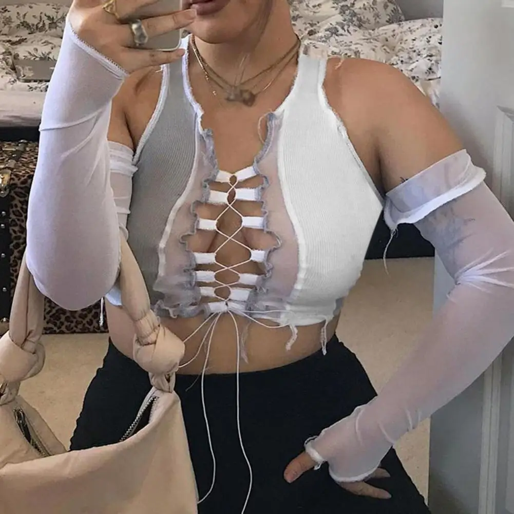 

Sexy Women Sleeveless Hollow Out Lace-up Crop Top Sheer Patchwork Vest Camisole tank top club wear mujer