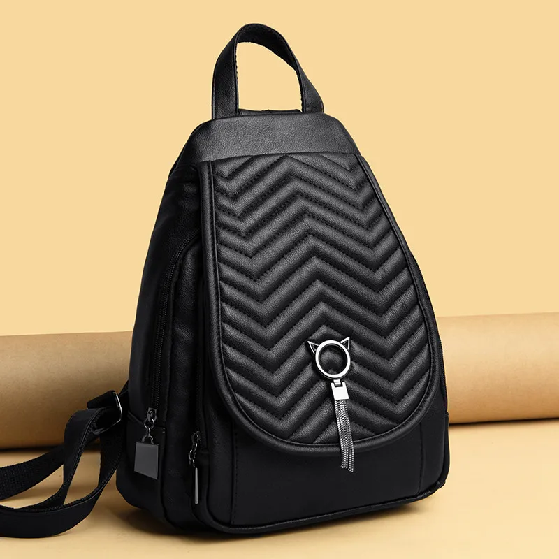 

Trendy V-Line Backpacks for Women 2021 New Tassel Design Backpack Luxury Pu Leather Backbag Female V Pattern Anti Theft Backpack