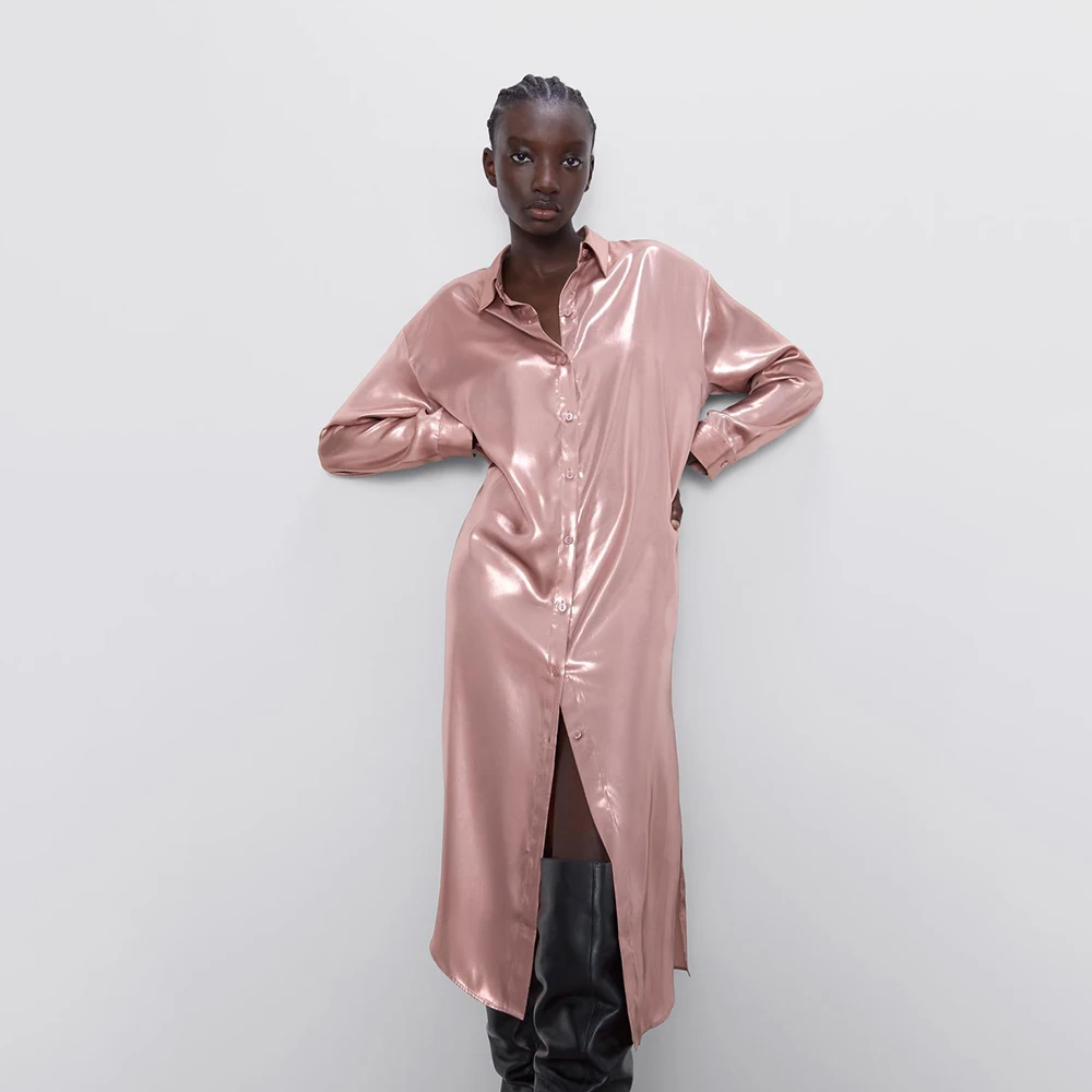 Женское платье рубашка с металлическим эффектом ZA розовое Очаровательное