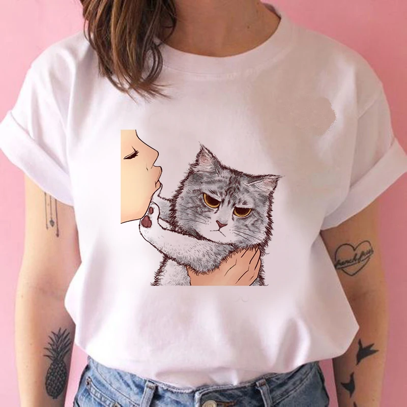 

2020 Summer Women T-shirt Shy cute cat Printed Tshirts Casual Tops Tee Harajuku 90s Vintage White tshirt Female Clothing