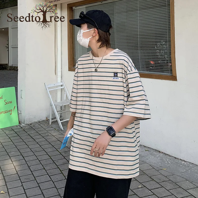 

Summer New Men's and Women's Short Sleeved T-shirts Ins Fashion Casual Loose Round Neck Striped Cotton Couple Tops