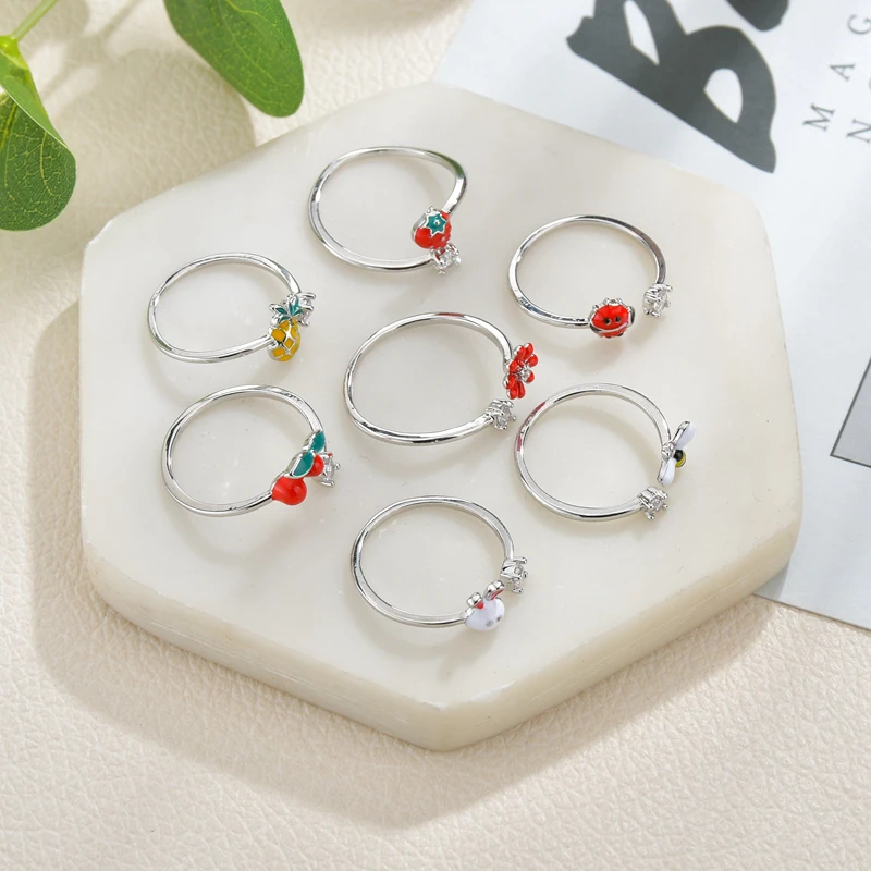 Симпатичные Регулируемые кольца с кристаллами красный цветок флейта клубника
