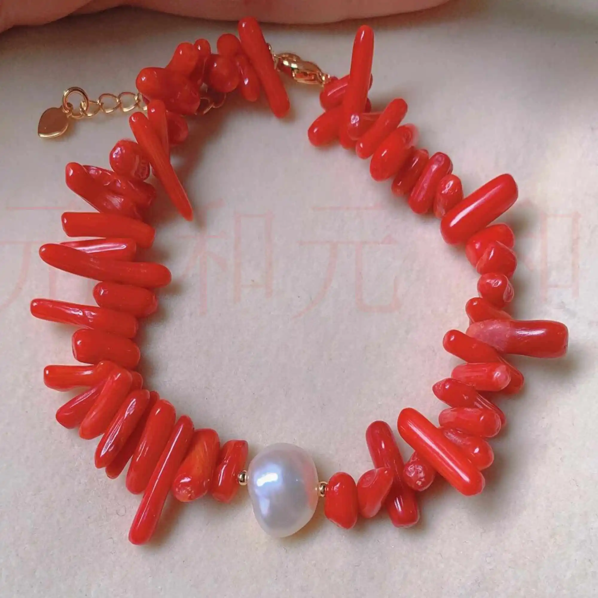 

Natural white baroque pearl Red Coral 18k Gold bracelet gift Relief Lucky Bless All Saints' Day Calming Dark Matter Chic