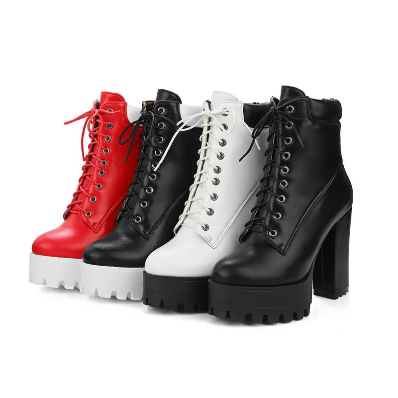 

Hjwsfdcai British Wind Retro Personality Women Ankle Boots Lace-Up Chunky Heel Ladies Short Boots Platform Outdoor Buty Damskie