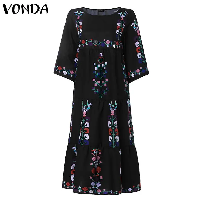 Black Bohemian Women Vintage Print Dress VONDA Sexy O Neck 3/4 Sleeve Maternity Dresses Plus Size Casual Loose Vestidos Femme - Цвет: Black