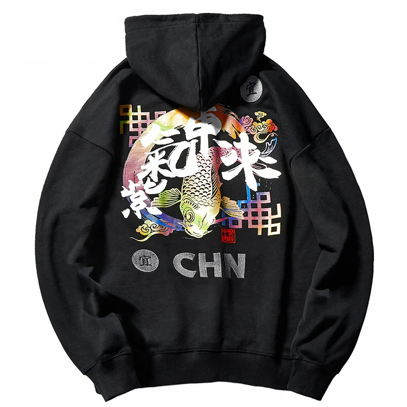 

Mens 2020 Hip Hop Streetwear Hoodie Sweatshirt Chinese Kanji Koi Fish Print Pullover Harajuku Cotton Casual Sweat Shirt Black