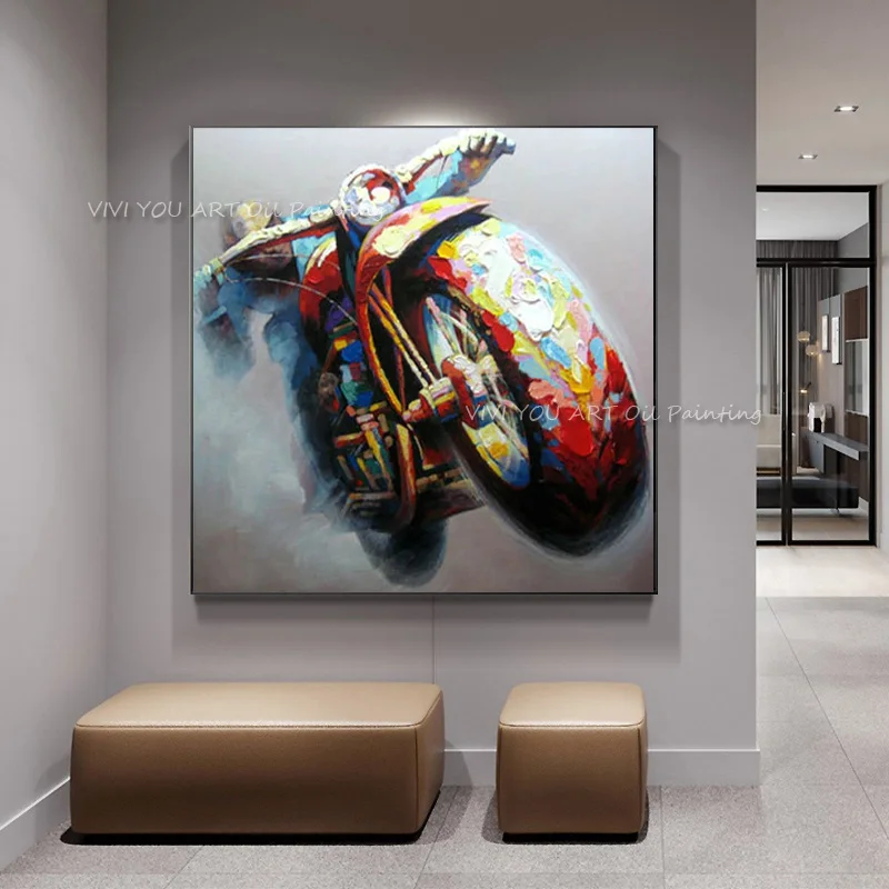 100% Handpainted Abstract Oil Painting Wall Art On Canvas Home Decoration Cool Motorcycle Racer As The Best Gift | Дом и сад