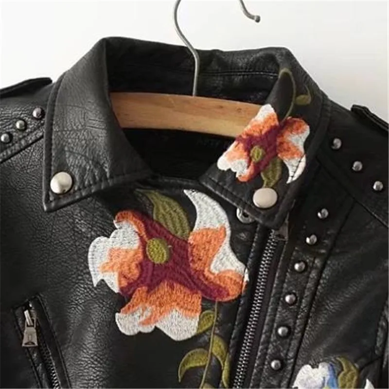 

Embroidery Faux Leather Pu Jacket Women Motorcycle Jacket Black Faux Leather Coats Outerwear Leather Blazer Women Leather Jacket