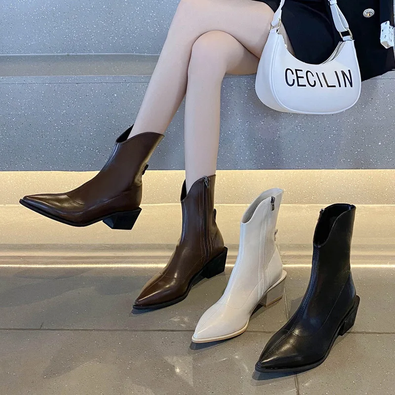 

Черные ботильоны с острым носком, женские зимние ботинки-мартинсы на массивном каблуке средней высоты, универсальные модные ботинки