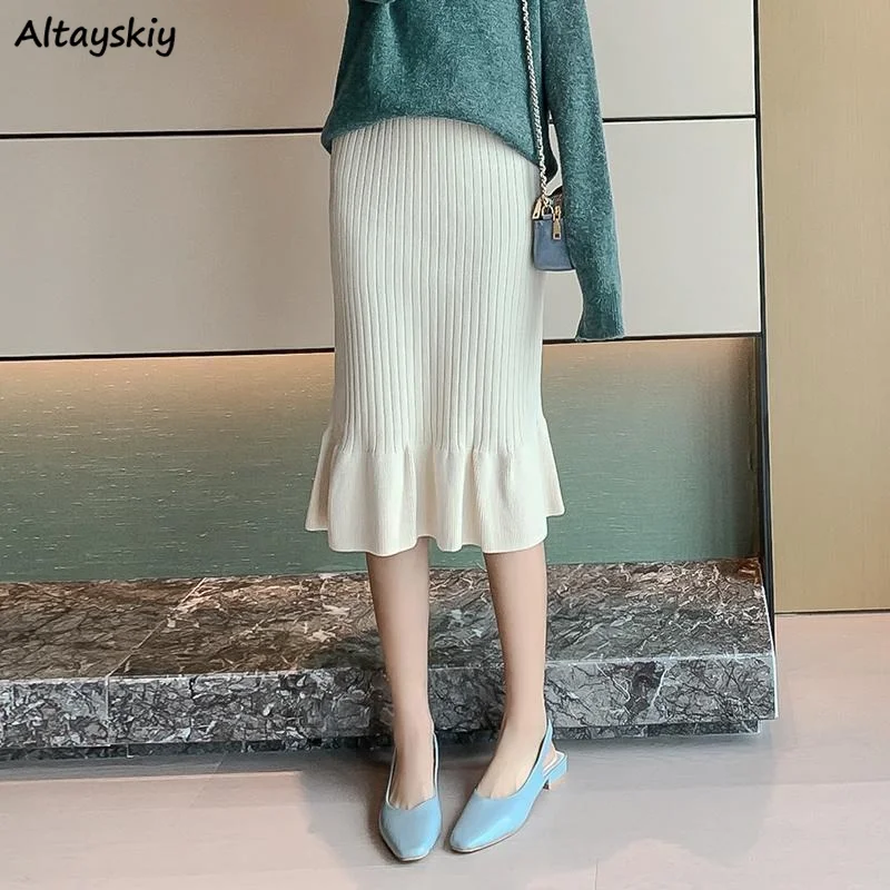 

Женская трикотажная юбка-годе, однотонная универсальная юбка в Корейском стиле для отдыха, элегантная шикарная модная Осенняя юбка с оборк...