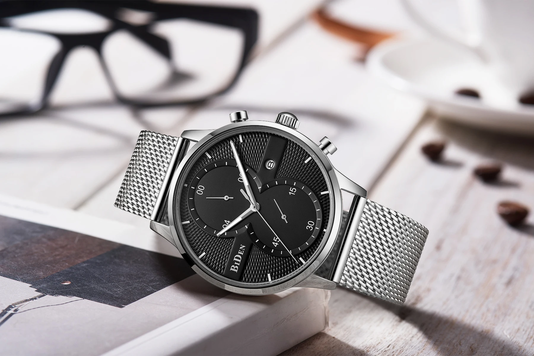 

BIDEN Male Watches Creative Dial Men's Wrist Watch Classic Silver Mesh Water Resistant Chronograph Quartz Zegarek Meski Dropship