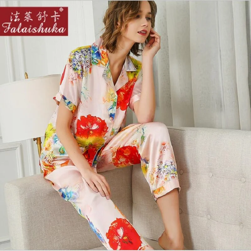 100% SilK Stain Pajamas Sets Women Floral Print Short Sleeve Summer Silk Homewear Sleepwears Sets 2020 Home Pyjama Sets