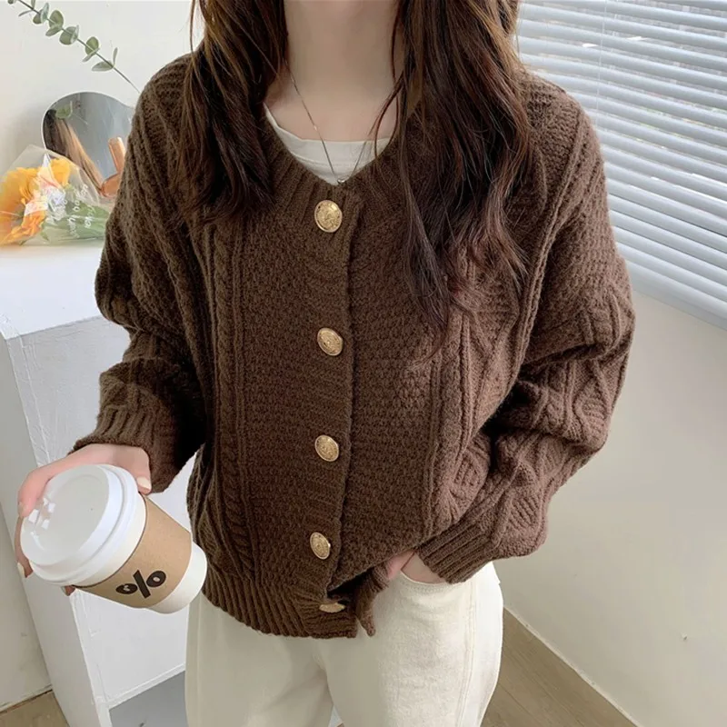 

Женский вязаный кардиган, повседневные свободные универсальные свитера с длинным рукавом и круглым вырезом в Корейском стиле, Осень-зима ...