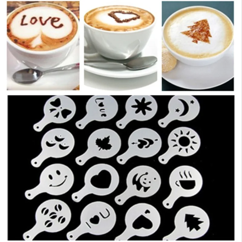 

16 PCS/ Set Cappuccino Mold Fancy Coffee Printing Model Foam Spray Cake Sugar Chocolate Cocoa Assembly tool