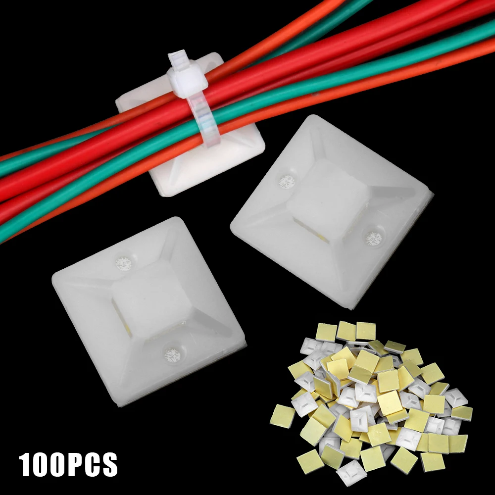 Fixing Seat Clamps Self Adhesive Wire Wall Holder Zip Tie Mount 100PCS 2cm x 2cm Cable Tie Base White
