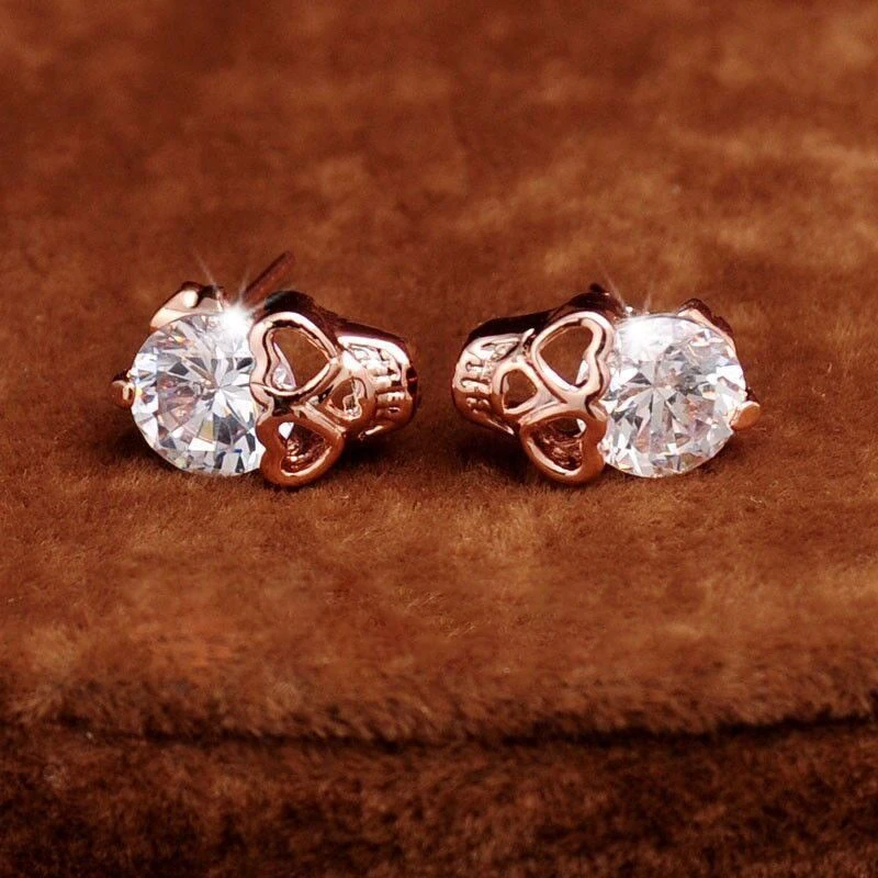 Women Plastic Earrings Cute Heart Eyes Skull Earring Small Jewelry Rose Gold Color Trendy Shining Crystal Stud | Украшения и