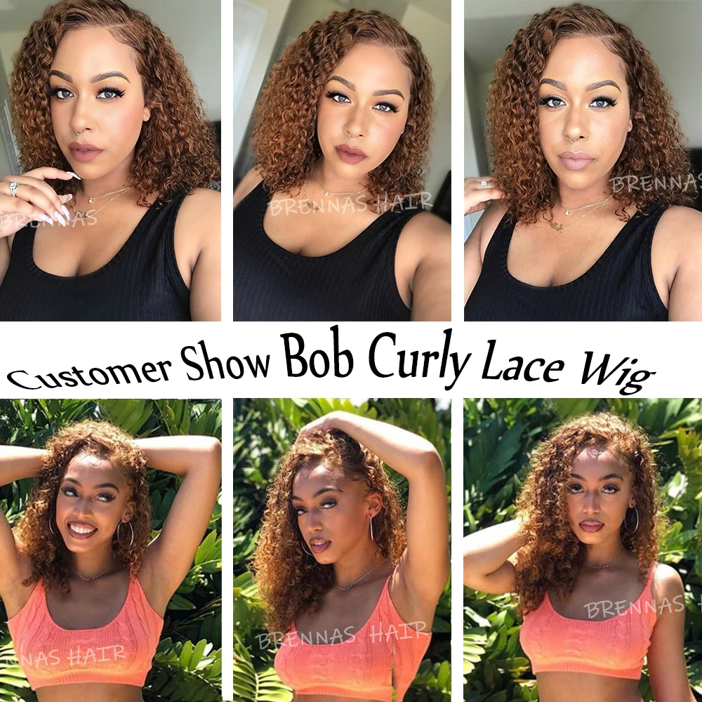 

Ombre Bob Curly Wig T Part Lace Brazilian Human Hair Wig bob 13X1 T Part Lace Wig Brown Curly Bob Part Lace Wigs Remy Hair