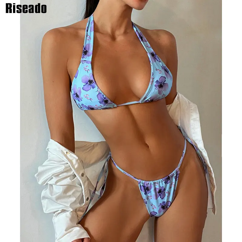 

Riseado Floral Printed Bikinis Swimsuit 2021 Swimwear Women Push Up Bathing Suit Thong Sexy Biquini Summer Knotted Beachwear