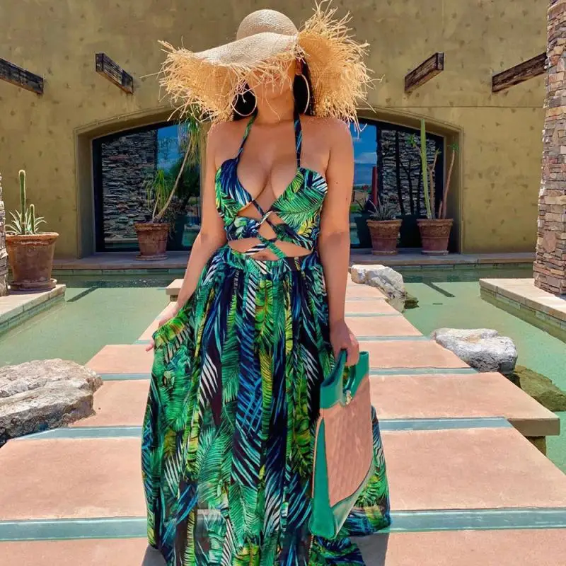 

Summer Hanging Neck Long Skirt Geometric Print Women's Dresses Hollow Fashion Style Big Swing Skirt Female Dress Maxi Dresses