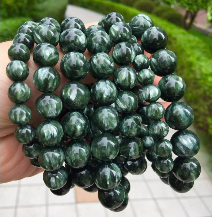 Натуральный зеленый Серафинит браслет с круглыми бусинами для женщин и мужчин из