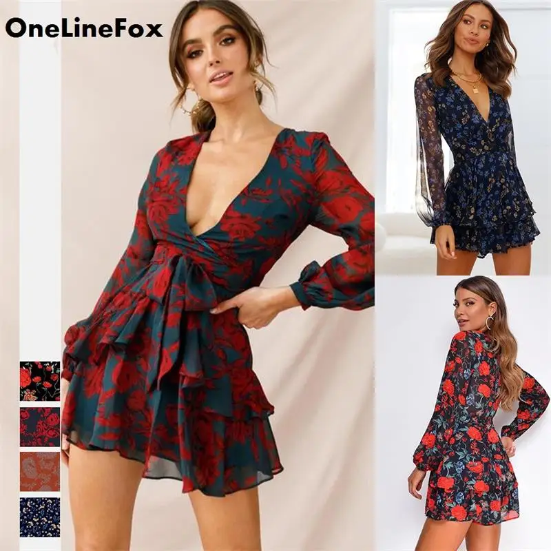 

OneLineFox Women's Summer Floral Ruffle Short Jumpsuit Dress Strap Casual V Neck Long Sleeve Romper Playsuit Mini Outfits