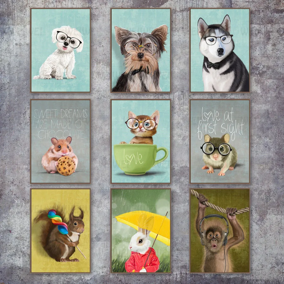 

Cute Animal Monkey Mouse Cat Dog Rabbit Pig Wall Art Canvas Painting Nordic Posters Wall Pictures Kids Baby Room Home Decor